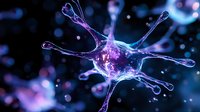 Microscopic neuron cell with glowing synapses and dendrites in purple and blue colors against dark background for medical and scientific research.