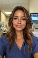 Hispanic female healthcare worker in blue scrubs with stethoscope smiling warmly at camera. Long wavy brown hair and natural makeup in medical office setting.