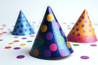 Colorful party cone hats with polka dot pattern on white background, festive celebration accessories scattered with matching confetti dots for birthday parties.
