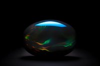 Luminous black opal gemstone with vibrant blue, green and orange fire patterns floating on dark background, showcasing precious mineral's play-of-color phenomenon.