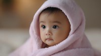 Asian baby wrapped in soft pink hooded towel after bath, looking directly at camera with innocent expression against blurred neutral background.