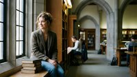 Young woman student sitting by library window with stack of books in historic academic building with arched architecture for educational content.
