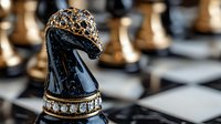 Black and gold chess knight piece with rhinestone details on checkered board, dramatic lighting highlights luxurious metallic finish and decorative elements.