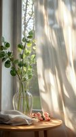 Green eucalyptus branches in glass vase on wooden table by window with white curtains and morning sunlight casting shadows. Pink flowers add romantic touch.