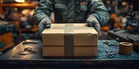 Hands in protective work gloves holding wrapped cardboard box on dark wooden table with packing tape and scissors, atmospheric workshop lighting in background.