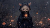 Mystical forest creature in dark cloak with fox ears holding glowing orb surrounded by luminous mushrooms in twilight woodland scene.