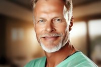 Confident mature Caucasian male healthcare worker with gray beard wearing green scrubs smiles warmly in medical setting, representing wellness and experience.