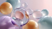 Colorful translucent spheres in pastel colors floating against soft gradient background, creating dreamy abstract composition.