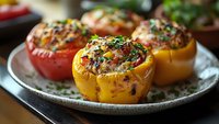 Colorful bell peppers stuffed with seasoned ground meat, rice, and herbs, topped with melted cheese and fresh parsley, served on rustic ceramic plate.
