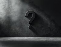 Black question mark casting dramatic shadow on concrete wall with moody lighting and reflective floor, creating mysterious atmosphere for conceptual designs.