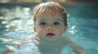 Adorable blonde toddler with blue eyes enjoying swimming lesson in clear pool water. Child development, water safety, summer activities concept.