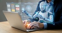 Professional businessman using laptop with futuristic AI holographic interface displaying data analytics and digital transformation technology.