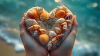 Hands holding heart-shaped sand with seashells and ocean waves in background, romantic beach concept with warm sunset lighting and bokeh effect.