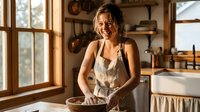 Young woman potter smiling while working with clay at pottery wheel in rustic ceramic studio workshop with natural lighting and handmade earthenware.