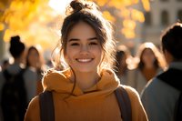 Young Asian woman wearing yellow hoodie smiling outdoors on sunny autumn day with blurred crowd in background, natural backlit portrait with warm golden light.