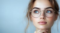 Young Caucasian woman wearing round glasses looking up thoughtfully against blue background, hand on chin, natural makeup and soft lighting for beauty and lifestyle content.