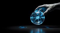 Hand holding glowing blue energy sphere with electric lightning effects on dark background for technology and power concepts.