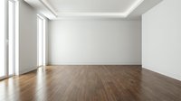 Empty modern room interior with white walls, wooden floor and large windows for real estate, architecture and home design projects.