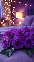 Purple roses on bed with romantic bokeh lights and warm lamp glow in background creating intimate atmosphere for Valentine's Day or anniversary celebration.