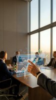 Businessman in formal suit analyzing financial data on transparent digital display with growth charts and market statistics during corporate meeting in modern office with colleagues.