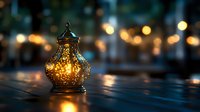 Ornate metal lantern with glowing warm light against blurred bokeh background on wooden surface creates magical evening atmosphere for home decor and celebrations.
