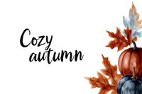 Watercolor autumn composition with pumpkins, maple leaves and calligraphy text on white background, perfect for seasonal greeting cards and invitations.