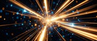 Abstract burst of golden light rays radiating from center with blue particles and bokeh effects creating dynamic energy explosion for backgrounds.