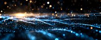 Abstract digital landscape with glowing blue waves and golden bokeh lights against dark background creates futuristic technology visualization effect.