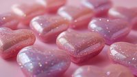 Pink glittery heart shapes with iridescent sparkles arranged in rows on pink background, creating romantic and dreamy mood for Valentine's Day designs.