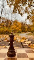 Wooden chess queen piece on chessboard with autumn leaves and golden foliage background for strategic thinking and seasonal game concepts.