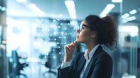 Young African American businesswoman in glasses contemplating strategic decisions while looking at glowing arrows, representing business analytics and future planning.