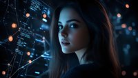 Young woman with long dark hair against futuristic digital interface background with glowing data points and connecting lines in blue technological atmosphere.