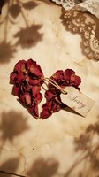 Dried red rose petals arranged in a broken heart shape with a sorry tag on aged paper, evoking apology, regret, and romantic sorrow.