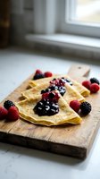 Golden crepes filled with mixed berry jam on wooden cutting board in bright kitchen setting for breakfast and dessert recipes.