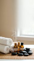 Spa wellness setup with essential oil bottles, rolled towels and hot stones on bamboo mat near window for aromatherapy massage and relaxation treatments.