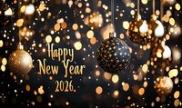 Festive black and gold New Year 2026 celebration background with hanging ornate baubles and glowing bokeh lights creating magical holiday atmosphere.