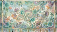 Seamless floral pattern with swirling ornamental motifs and blooming flowers in teal, purple, and gold tones. Tiles continuously for wallpaper, fabric, and textile design projects.
