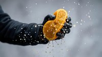 Gloved hand squeezing fresh orange slice with water droplets splashing against snowy winter background, perfect for beverage, citrus, and seasonal marketing campaigns.