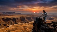 Hiker stands on rocky cliff overlooking vast desert canyon landscape at golden sunset with dramatic colorful sky and distant mesas in background.