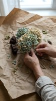 Hands holding dried hydrangea flower with brown petals on kraft paper, natural window light, floral arrangement and craft styling.