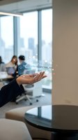 Businessman hand presenting holographic cloud computing icons in modern office environment for digital transformation and technology solutions.