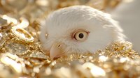 White snowy owl close-up portrait with golden eye against luxurious shimmering gold background, showing wisdom and mystery in nature photography.