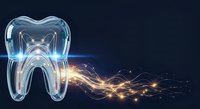Transparent tooth with glowing golden light particles flowing outward on dark background, representing dental technology, oral health innovation, and modern dentistry treatment for healthcare and medical design use.