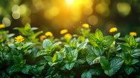 Vibrant yellow wildflowers among fresh green leaves in morning sunlight with natural bokeh effect, creating dreamy garden atmosphere for nature backgrounds.