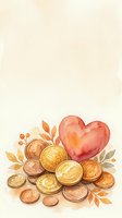 Watercolor gold coins and red heart with autumn leaves on beige background, symbolizing love, wealth, and financial generosity.