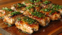 Juicy grilled chicken cutlets garnished with fresh chopped herbs on wooden cutting board, close up view of homemade meat dish with golden brown crust.