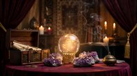 Mystical fortune teller setup with glowing crystal ball, amethyst crystals, burning candles and ancient books on purple velvet table for divination.