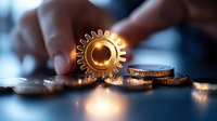 Golden gear wheel among coins in soft focus with glowing light effect, symbolizing financial mechanisms and business processes for investment and wealth growth.