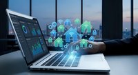 Smart home technology concept with laptop displaying dashboard and holographic house icons with connectivity symbols in modern office setting.