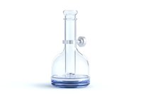 Glass laboratory bottle with blue base and ground glass stopper on white background, isolated scientific glassware for chemistry and research purposes.